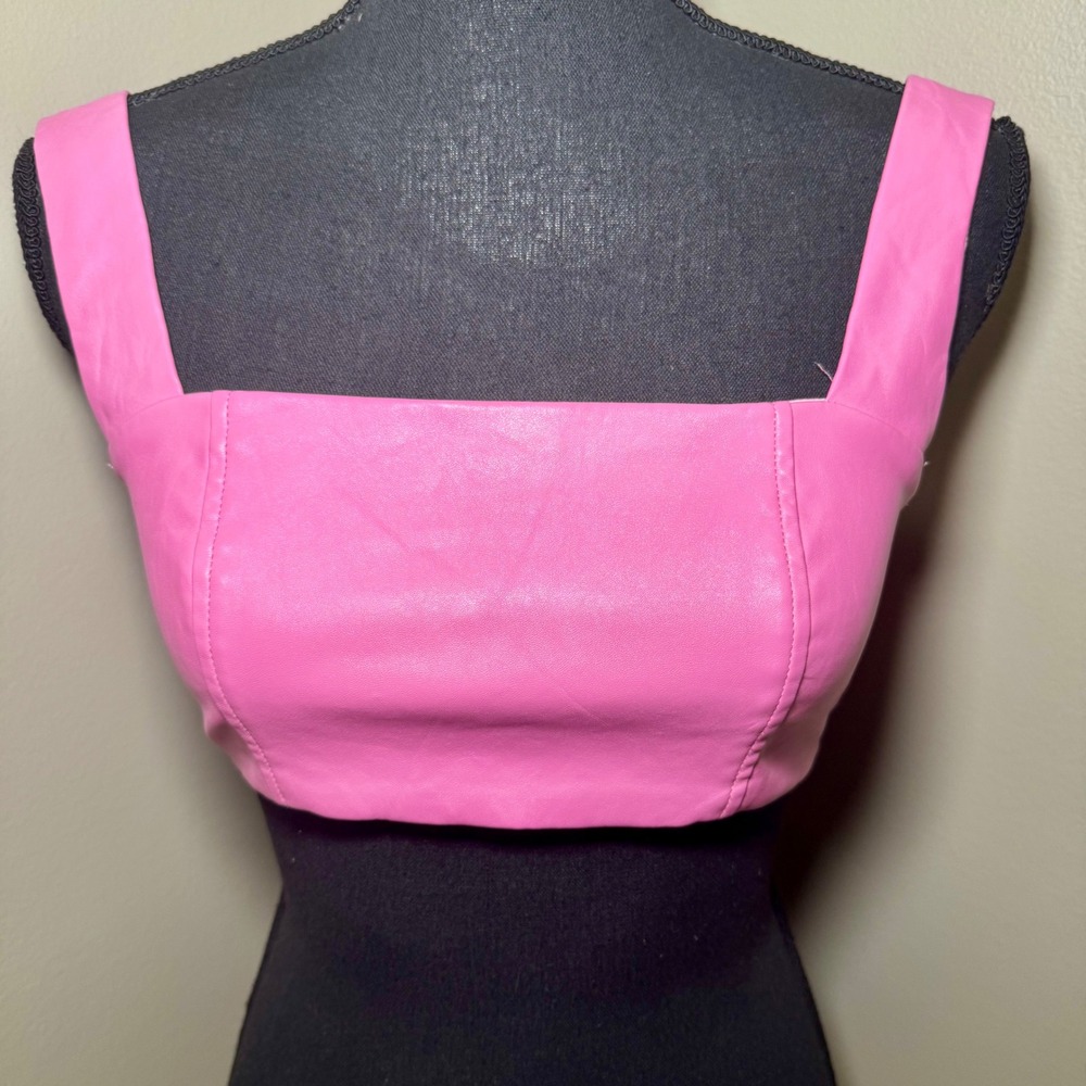Edikted Pink Faux Leather Square Neck Crop Top Back Zip Womens Size M